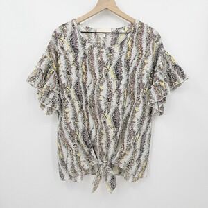 Hailey & Co Tie Front Ruffle Sleeve Floral Abstract Blouse L Boho Cottagecore